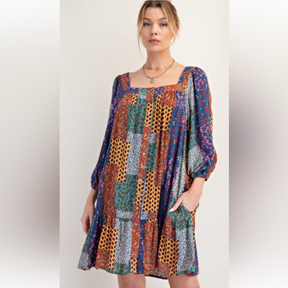 easel Multicolor Patchwork Square-Neck Peasant Dress - Picture 2 of 13